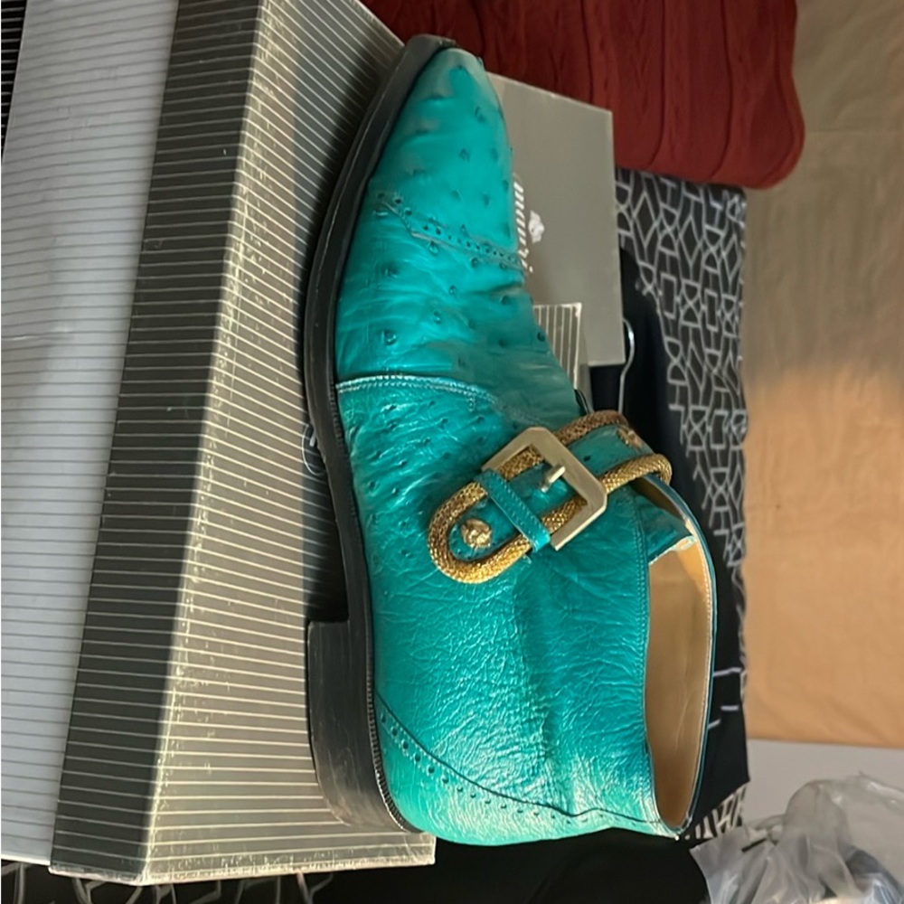 Turquoise Leather Shoes with Gold Buckle